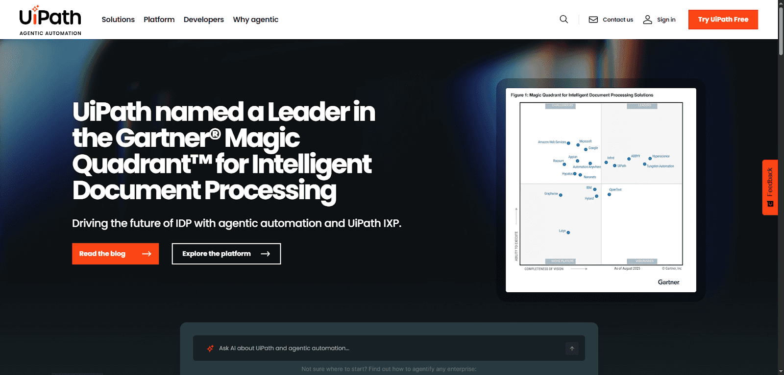 UiPath highlighted as a leader in RPA in insurance document processing solutions.